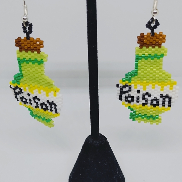 Handmade Beaded Poison Bottle Dangle Earrings - Picture 2 of 4